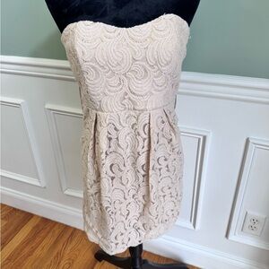 Strapless Lace Cocktail Dress in Light Beige